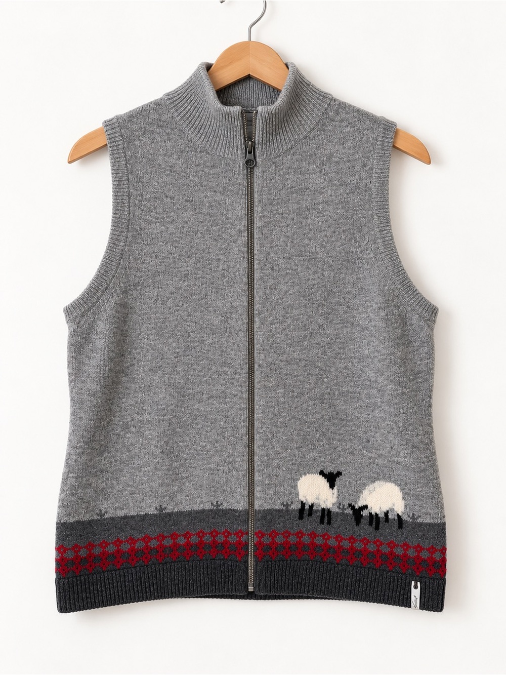 Gray Sleeveless Zip Front Sweater Vest with Sheep Motif 100% lambs wool.